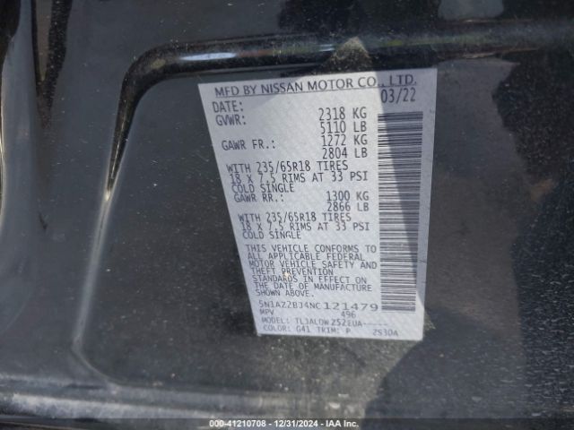 5N1AZ2BJ4NC121479 Nissan Murano Sv Fwd