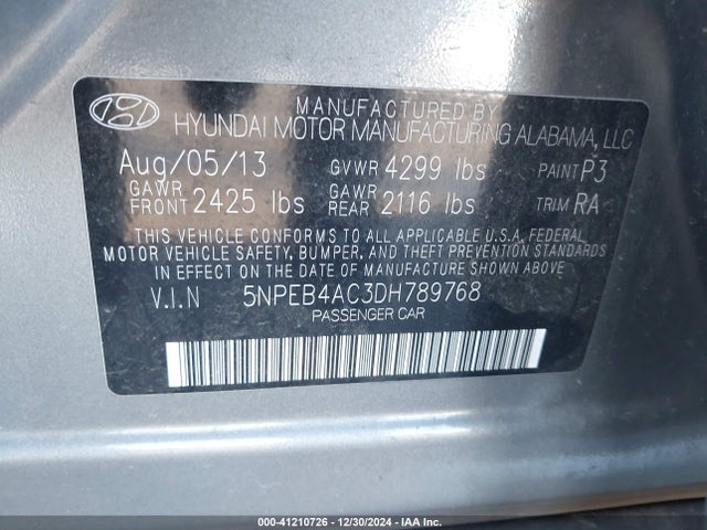 Aukcja sprzedaży 2013 Hyundai Sonata Gls, vin: 5NPEB4AC3DH789768, numer aukcji: 41210726