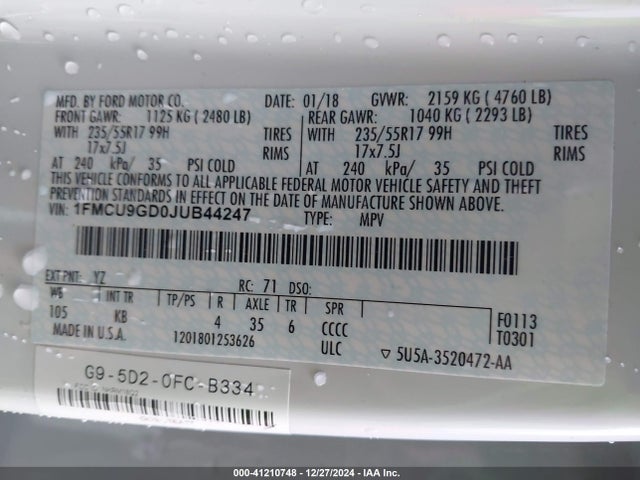 Ford ESCAPE SE 2018 1FMCU9GD0JUB44247 Image 9