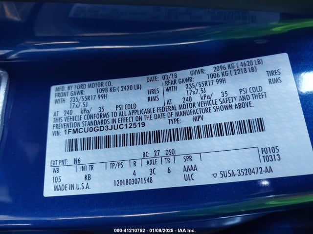 Ford ESCAPE SE 2018 1FMCU0GD3JUC12519 Image 9