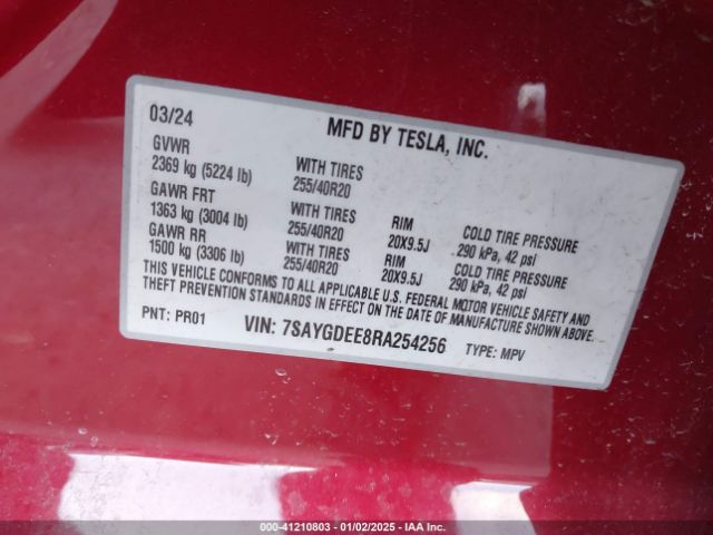 7SAYGDEE8RA254256 Tesla Model Y