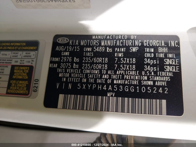 5XYPH4A53GG105242 KIA Sorento 3.3l Ex