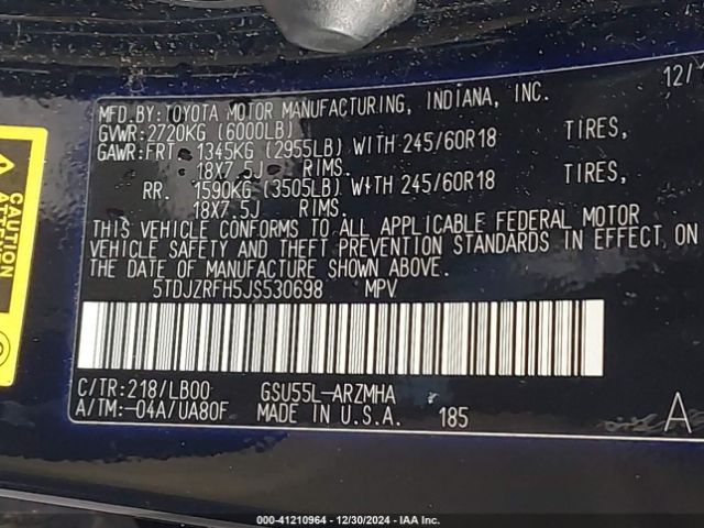 5TDJZRFH5JS530698 Toyota Highlander Xle