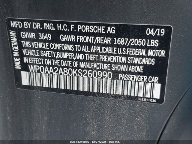 WP0AA2A80KS260990 Porsche 718 Cayman