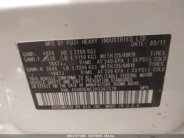 Subaru Outback 3.6r Limited 2017 4S4BSENC2H3367278 Image 9