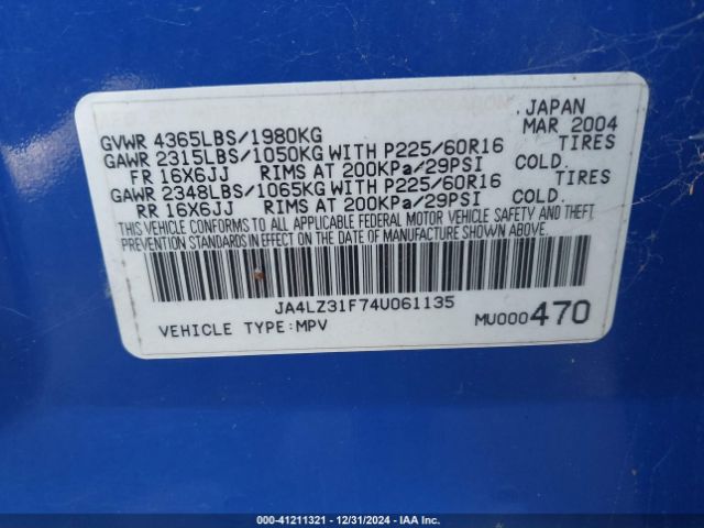 2004 MITSUBISHI OUTLANDER JA4LZ31F74U061135 Photo 8