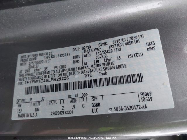 1FTFW1E46LFB29226 Ford F-150 Xlt
