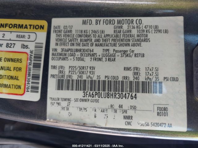 3FA6P0LU8HR304764 Ford Fusion Hybrid Se