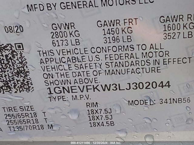 1GNEVFKW3LJ302044 Chevrolet Traverse Awd Ls