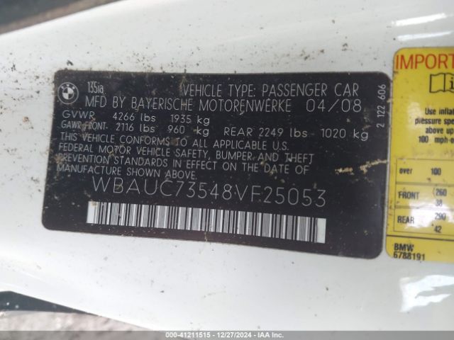 2008 BMW 135I WBAUC73548VF25053 Photo 8