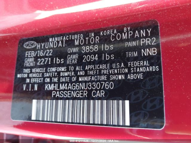 KMHLM4AG6NU330760 Hyundai ELANTRA SEL