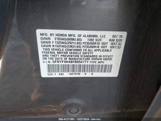 Honda Pilot Ex 2015 5FNYF4H48FB054771 Image 9