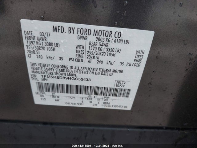 Ford EXPLORER XLT 2017 1FM5K8D89HGC52438 Image 9