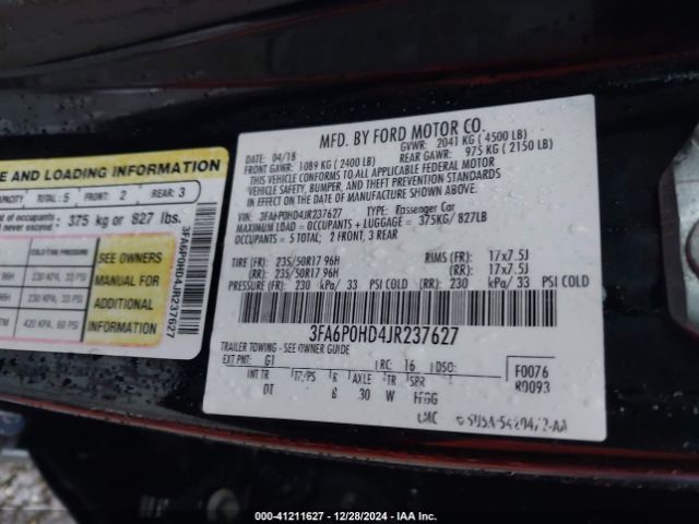 3FA6P0HD4JR237627 Ford FUSION SE