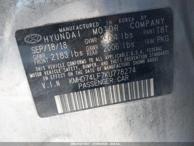 KMHD74LF7KU778274 Hyundai ELANTRA SE