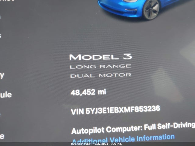 5YJ3E1EBXMF853236 Tesla Model 3 Long Range Dual Motor All-wheel Drive