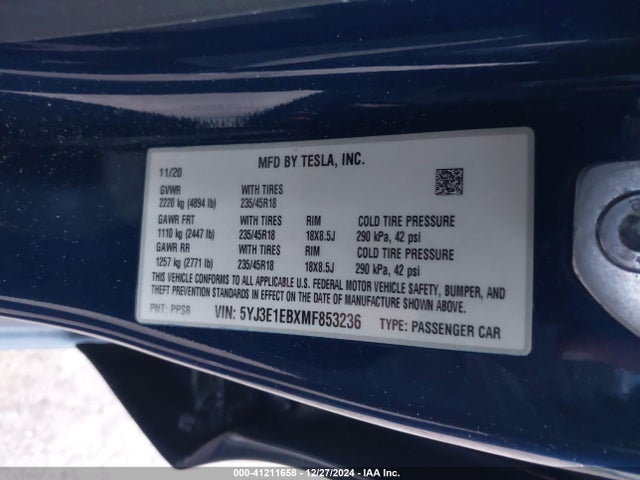 2021 TESLA MODEL 3 5YJ3E1EBXMF853236 Photo 8