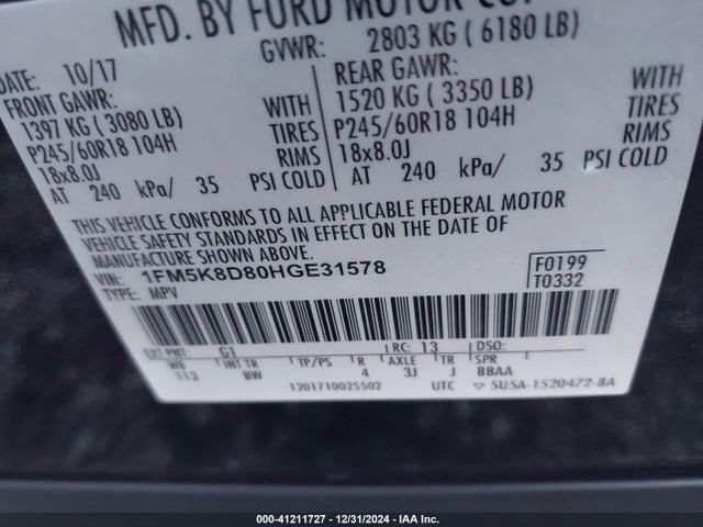1FM5K8D80HGE31578 Ford EXPLORER XLT