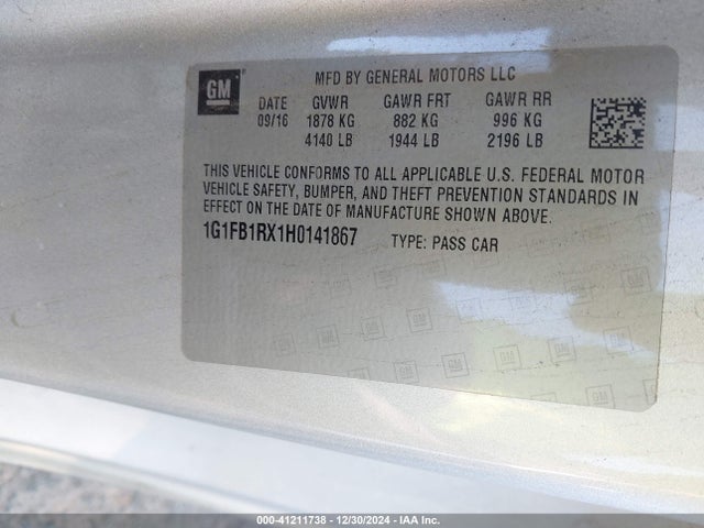 Aukcja sprzedaży 2017 Chevrolet Camaro 1lt, vin: 1G1FB1RX1H0141867, numer aukcji: 41211738