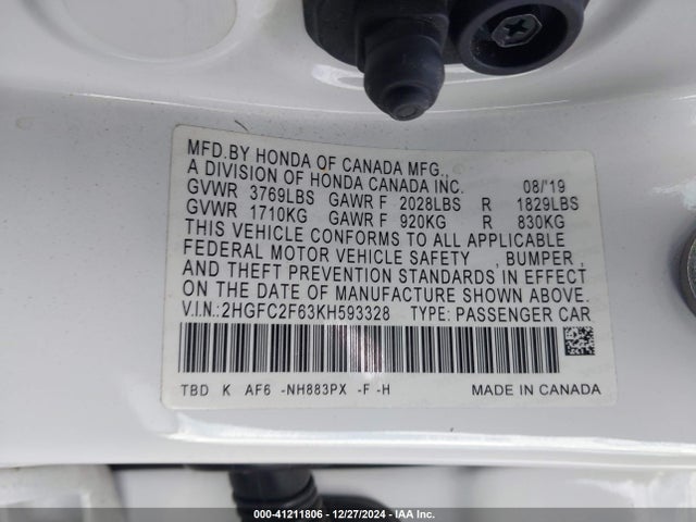 Honda Civic Lx 2019 2HGFC2F63KH593328 Image 9