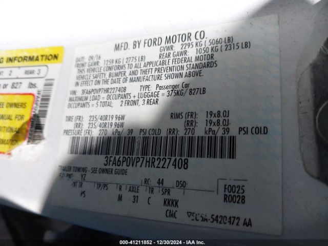 3FA6P0VP7HR227408 Ford Fusion Sport