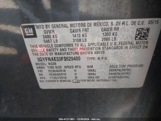 3GYFNAE33FS629400 Cadillac Srx Standard