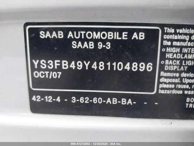 2008 SAAB 9-3 YS3FB49Y481104896 Photo 8