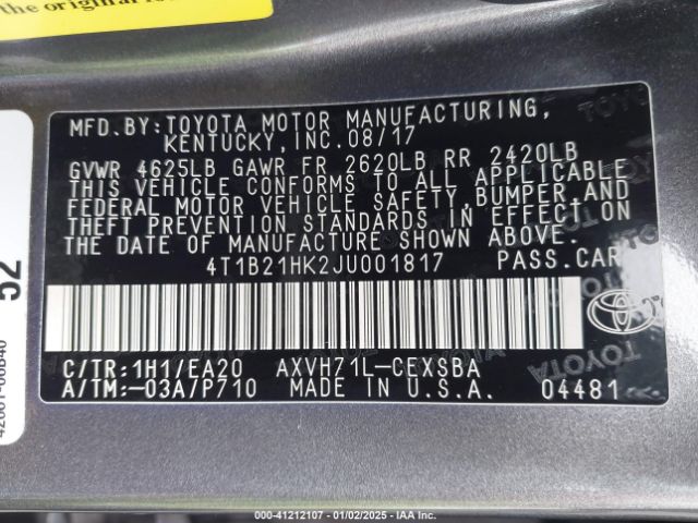 4T1B21HK2JU001817 Toyota Camry Hybrid Se