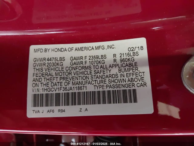1HGCV1F36JA118671 Honda Accord Sport