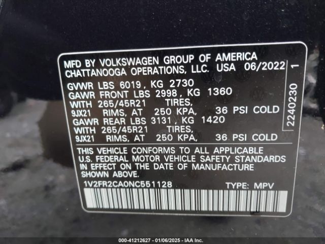1V2FR2CA0NC551128 Volkswagen Atlas 3.6l V6 Sel Premium R-line