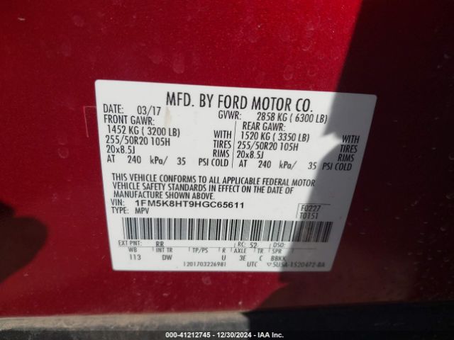 1FM5K8HT9HGC65611 Ford Explorer Platinum