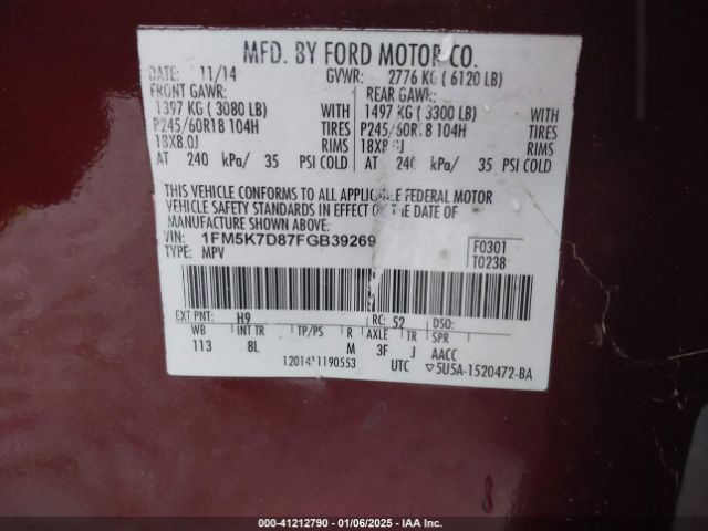 1FM5K7D87FGB39269 Ford EXPLORER XLT