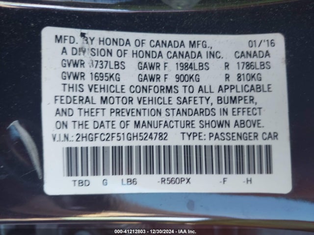 Honda Civic Lx 2016 2HGFC2F51GH524782 Image 9