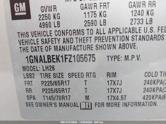 Chevrolet EQUINOX 1LT 2015 1GNALBEK1FZ105675 Image 9