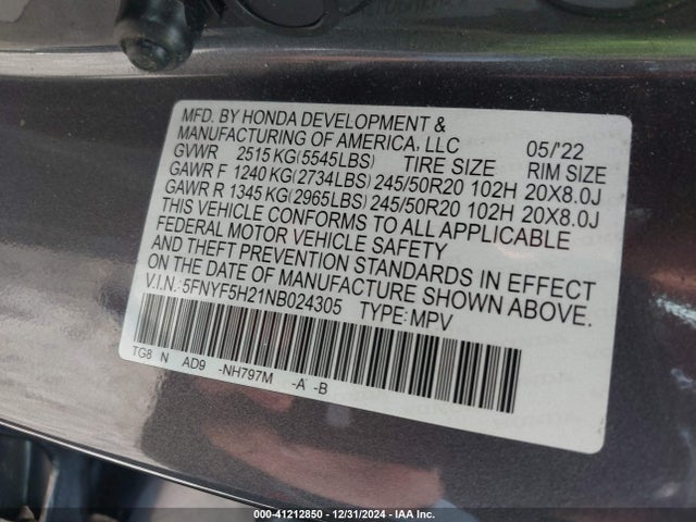 Honda Pilot 2wd Special Edition 2022 5FNYF5H21NB024305 Image 9