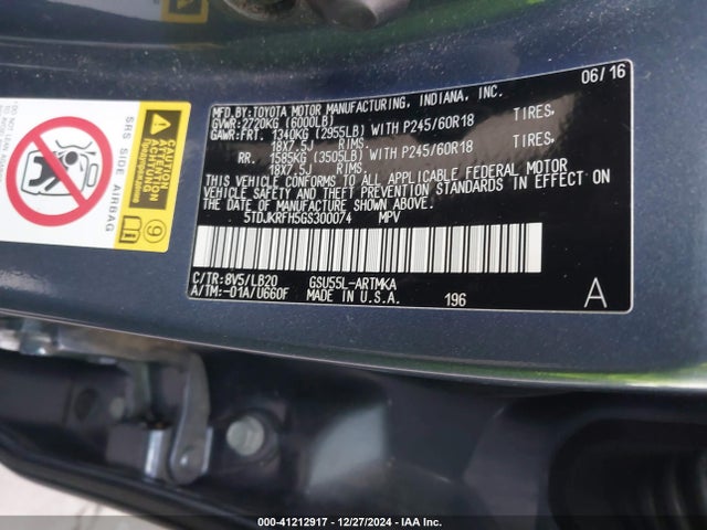 Toyota Highlander Xle V6 2016 5TDJKRFH5GS300074 Image 9