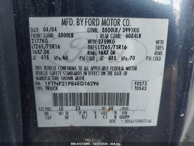 Продаж на аукціоні авто 2004 Ford F-250 Xl/xlt, vin: 1FTNF21P84ED16296, номер лоту: 41213090