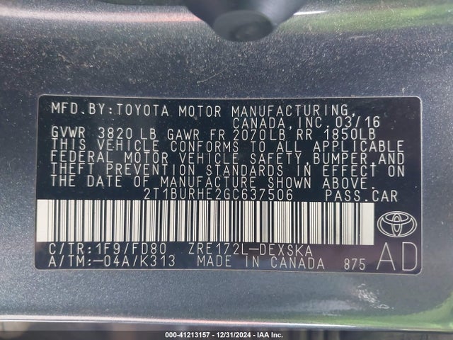 2T1BURHE2GC637506 Toyota Corolla S Plus