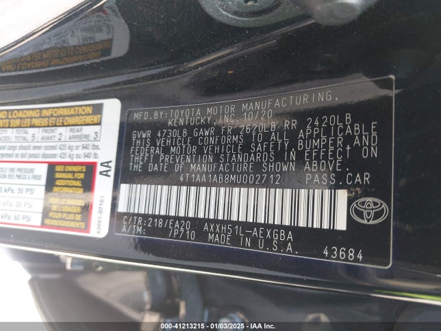 4T1AA1AB8MU002712 Toyota Avalon Xle Hybrid