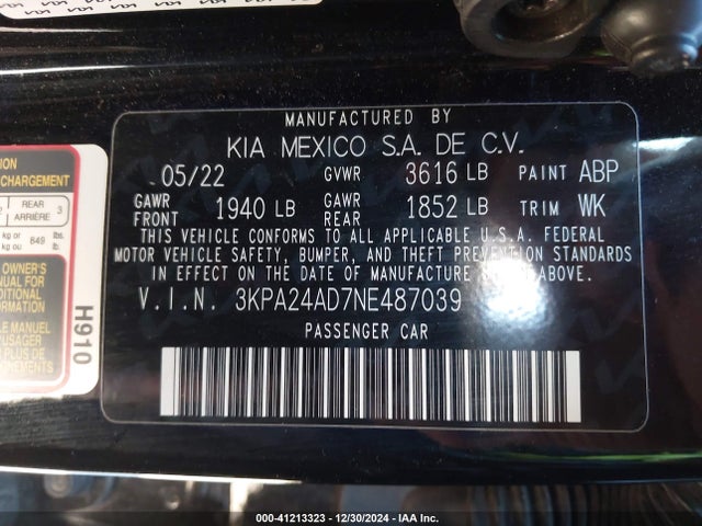 3KPA24AD7NE487039 KIA RIO LX