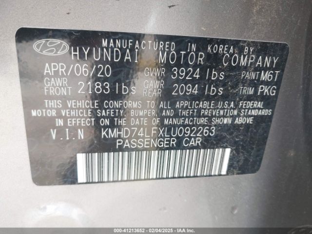 KMHD74LFXLU092263 Hyundai ELANTRA SE