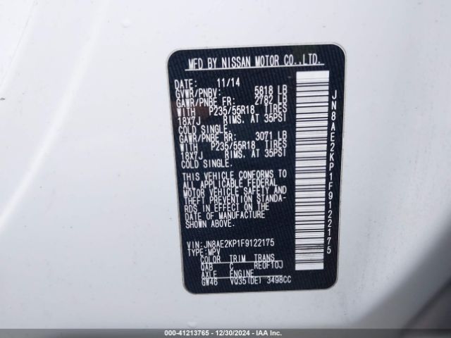JN8AE2KP1F9122175 Nissan Quest Platinum/s/sl/sv