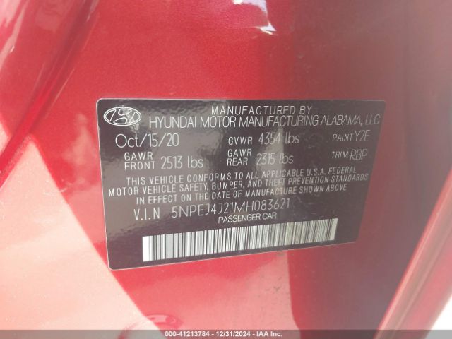 5NPEJ4J21MH083621 Hyundai Sonata Sel Plus
