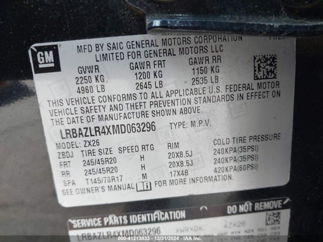 41213833 :رقم المزاد ، LRBAZLR4XMD063296 vin ، 2021 Buick Envision Fwd Preferred مزاد بيع