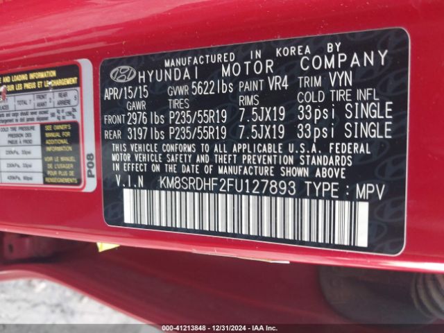 KM8SRDHF2FU127893 Hyundai Santa Fe Gls