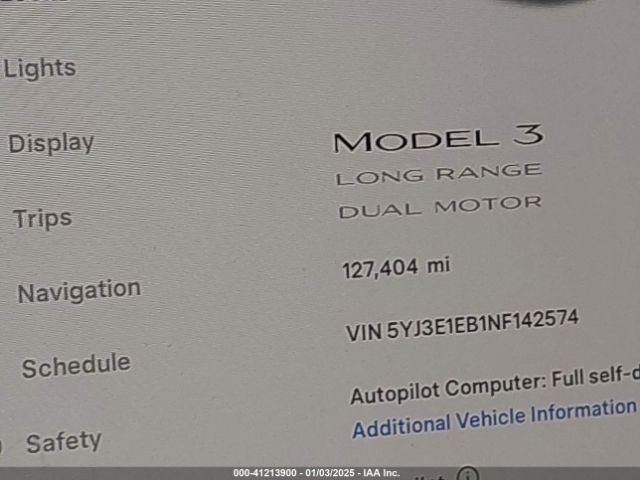 5YJ3E1EB1NF142574 Tesla Model 3 Long Range Dual Motor All-wheel Drive
