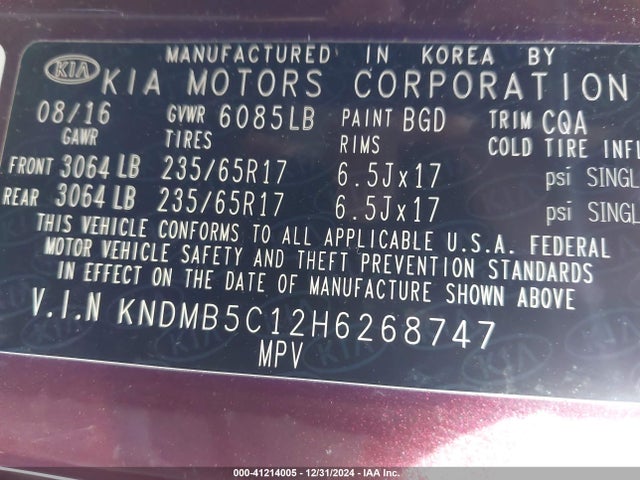 KIA SEDONA LX 2017 KNDMB5C12H6268747 Image 9