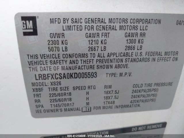 LRBFXCSA0KD005593 Buick Envision Fwd Essence