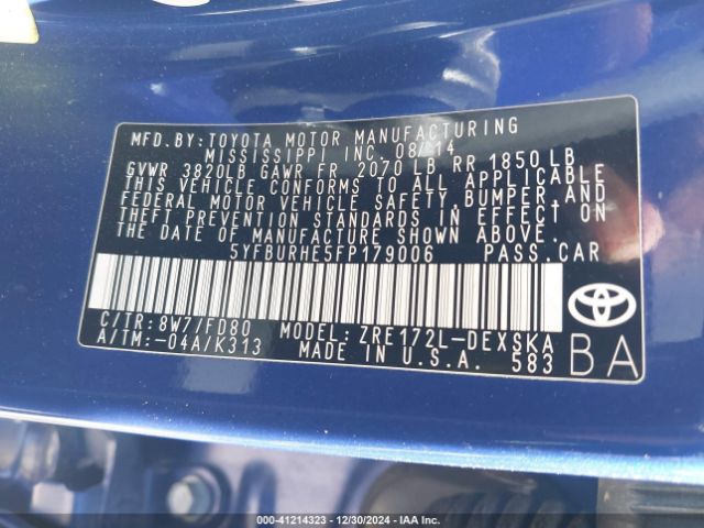 5YFBURHE5FP179006 Toyota Corolla L/le/le Pls/prm/s/s Pls