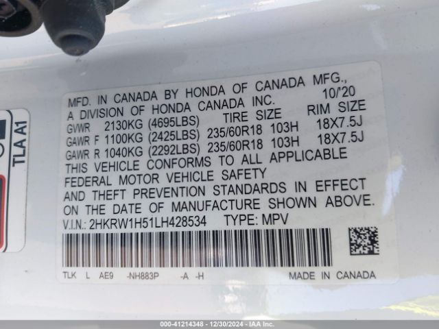 2HKRW1H51LH428534 Honda Cr-v 2wd Ex